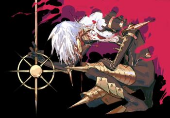 1boy black_background black_bodysuit blood bodysuit chest_jewel collar covered_face earrings fate/grand_order fate_(series) gold_earrings jewelry karna_(fate) kneeling moyanwxy on_one_knee pale_skin solo spiked_collar spikes vasavi_shakti_(fate) white_hair