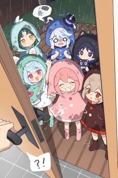 !? 3boys 3girls :> aged_down ahoge alternate_costume animal animal_ear_hood animal_ears animalization aqua_boots aqua_hood arm_up black_cloak black_hair black_hood blank_eyes blue_cloak blue_hair blue_hood blunt_ends blush boots bow bright_pupils brown_boots brown_cloak brown_hood cat_ears choppy_bangs clenched_hand cloak closed_eyes crossed_bangs dirty dirty_clothes dirty_face door_handle dress eyeliner eyeshadow facial_mark facing_up facing_viewer fake_animal_ears floral_print forehead_mark fox_ears furina_(genshin_impact) genshin_impact grass green_cloak green_hair green_hood grin hair_between_eyes hair_intakes hands_up hat hei_lang highres holding holding_animal hood hood_up hooded_cloak kaedehara_kazuha lace lace-trimmed_dress lace_trim leaf looking_at_viewer looking_up makeup mini_hat mini_top_hat multicolored_hair multiple_boys multiple_girls official_alternate_costume open_hand open_hands open_mouth opening_door partially_shaded_face person_and_animalization pink_cloak pink_hair pink_hood porch pov pov_hands puddle rain red_bow red_eyeliner red_eyes red_eyeshadow red_trim rubber_boots scaramouche_(cat)_(genshin_impact) scaramouche_(genshin_impact) sea_slug_ears shadow sidelocks sigewinne_(genshin_impact) smile spoken_character spoken_interrobang spoken_object standing streaked_hair sweatdrop teeth top_hat trembling twig two-sided_hood wanderer_(genshin_impact) wet wet_clothes white_dress white_hair white_pupils white_trim wilted_ahoge xiao_(genshin_impact) yae_miko yellow_eyes