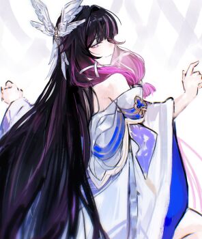 1girl absurdres bare_shoulders black_hair blue_dress columbina_(genshin_impact) commentary dress genshin_impact hair_ornament highres long_hair long_sleeves looking_back purple_eyes purple_hair sidelocks smile solo two-tone_dress white_dress wide_sleeves wing_hair_ornament yotsutsu428
