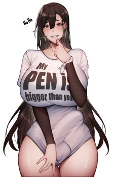 1futa absurdres blush breasts brown_eyes brown_hair bulge clothes_writing covered_testicles earrings english_text erection erection_under_clothes eyebrow_piercing face_piercing floating_earrings futanari highres huge_breasts huge_penis humiliation jewelry penis piercing shirt simple_background small_penis_humiliation solo standing testicles unbeller white_background wide_hips