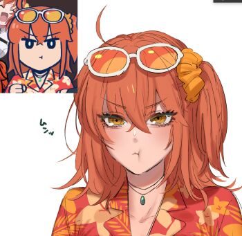 1girl ahoge anime_screenshot_inset chewing clenched_hand derivative_work eating expressionless eyewear_on_head fate/grand_order fate_(series) fujimaru_ritsuka_(female) fujimaru_ritsuka_(female)_(tropical_summer) gem green_gem hair_between_eyes hair_ornament hair_scrunchie hand_up hawaiian_shirt highres jewelry looking_at_viewer medium_hair multiple_views necklace official_art_redraw open_mouth orange_hair screenshot_inset screenshot_redraw scrunchie shinxx43rin shirt side_ponytail smile sunglasses yellow_eyes
