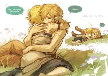 ! &gt;_&lt; 1boy 1girl absurdres armlet bare_shoulders barefoot blonde_hair blush boots character_name couple dress earrings english_text hair_over_one_eye hetero highres hug isa-415810 jewelry link long_dress long_hair nintendo pointy_ears princess_zelda scar scar_on_arm scar_on_back short_hair sidelocks spoken_exclamation_mark strapless strapless_dress tears the_legend_of_zelda the_legend_of_zelda:_tears_of_the_kingdom topless_male white_dress