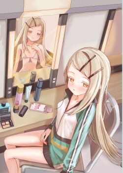 Rule 34 | 1girl, absurdres, bikini, blonde hair, blush, bottle, breasts, chair, closed mouth, collarbone, colored eyelashes, commentary request, condom, cosmetics, different reflection, dressing room, gakuen idolmaster, green jacket, green shorts, hair ornament, hairclip, hand on own chest, highres, idolmaster, indoors, jacket, kinako mochi, lipstick tube, long hair, looking at viewer, mirror, multicolored jacket, okamoto condoms, on chair, orange eyes, parallel hairclips, parted lips, perfume bottle, popped collar, reflection, shinosawa hiro, shorts, sitting, small breasts, smile, striped clothes, striped jacket, striped shorts, swimsuit, table, track jacket, track suit, vanity table, white bikini, white jacket