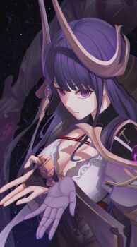 Rule 34 | 1girl, android, armor, blunt bangs, breasts, bridal gauntlets, cleavage, close-up, closed mouth, commentary, commission, fake horns, floating, genshin impact, gnosis (genshin impact), headpiece, highres, horns, japanese armor, joints, large breasts, long hair, looking at viewer, looking to the side, mechanical arms, neck ribbon, official alternate costume, purple eyes, purple hair, raiden shogun, raiden shogun (magatsu mitake narukami no mikoto), red ribbon, ribbon, robot, robot joints, shade, shoulder armor, solo, upper body, y2e pa