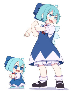2girls :3 :d absurdres ahoge black_shoes bloomers blue_bow blue_dress blue_eyes blue_hair blue_shoes blush_stickers bow cirno collared_shirt commentary_request dress exercising full_body fumo_(doll) hair_bow highres ice ice_wings kame_(kamepan44231) multiple_girls open_mouth shirt shoes short_hair short_sleeves simple_background smile socks standing touhou underwear v-shaped_eyebrows white_background white_bloomers white_shirt white_socks wings