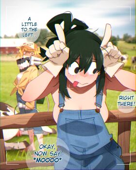 2girls absurdres arms_up asui_tsuyu averting_eyes barefoot black_eyes blonde_hair blue_overalls blue_pants blurry blurry_background boku_no_hero_academia breasts building cleavage clothes_writing cow day denim double_bun english_text glaring gloves green_hair hair_between_eyes hair_bun hat highres index_fingers_raised jeans khyle. large_breasts long_hair long_sleeves looking_to_the_side messy_hair multiple_girls outdoors overalls pants photo_background shaded_face shirt sleeves_past_wrists standing tied_shirt toga_himiko tongue tongue_out tree viewfinder white_gloves yellow_shirt
