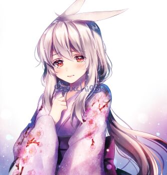 Rule 34 | 1girl, aki (sasucchi95), animal ears, arm at side, artist name, back bow, blush, bow, closed mouth, commentary, double-parted bangs, floral print, floral print kimono, frown, gradient background, hair between eyes, hand on own chest, hand up, highres, japanese clothes, kimono, light particles, lips, long hair, long sleeves, looking at viewer, low ponytail, original, pink background, pink kimono, ponytail, print kimono, purple bow, rabbit ears, rabbit girl, raised inner eyebrows, red eyes, sad, sasucchi95, sidelocks, simple background, solo, symbol-only commentary, tearing up, upper body, very long hair, white background, white hair, wide sleeves