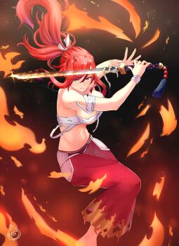 Rule 34 | 1girl, absurdres, breasts, brown eyes, cleavage, erza scarlet, fairy tail, fire, gradient background, groin, hair ribbon, highres, holding, holding sword, holding weapon, katana, large breasts, long hair, looking at viewer, navel, pants, ponytail, ranea, red hair, red pants, ribbon, solo, stomach, sword, torn bandages, torn clothes, torn pants, weapon, white ribbon