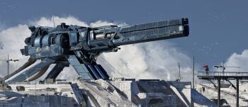 1girl absurdres blue_sky cloud commentary crane_(machine) day english_commentary floating_hair flock highres long_hair lucia_(pgr) machinery outdoors oversized_object punishing:_gray_raven railgun science_fiction simple_bird sky standing sunlight very_wide_shot zi_dianli_chang
