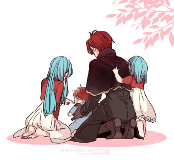 Rule 34 | 2025, 2boys, 2girls, aqua eyes, aqua hair, barefoot, black capelet, black shirt, boots, brown boots, brown gloves, capelet, commentary request, dress, eirika (fire emblem), family, fire emblem, fire emblem: the sacred stones, from behind, gloves, hand on another's back, heel up, hetero, high collar, highres, if they mated, jacket, long hair, long sleeves, medium dress, medium hair, multiple boys, multiple girls, nintendo, on ground, pink background, red gloves, red hair, red jacket, red shirt, sayu030b, seiza, seth (fire emblem), shirt, short hair, short sleeves, sitting, standing, toddler, tree shade, twitter username, two-tone background, watermark, white background, white dress