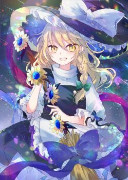 1girl :d apron black_hat black_skirt black_vest blonde_hair blue_bow bow braid broom commentary_request cowboy_shot flower green_bow hair_between_eyes hair_bow hat hat_bow highres holding holding_broom kazu_(muchuukai) kirisame_marisa long_hair looking_at_viewer open_mouth puffy_short_sleeves puffy_sleeves purple_ribbon ribbon shirt short_sleeves side_braid single_braid skirt smile solo touhou vest waist_apron white_apron white_bow white_shirt witch_hat yellow_eyes yellow_flower