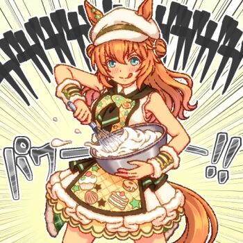 Rule 34 | 1girl, animal ears, blue eyes, blush, bowl, breasts, brown hair, brown neckerchief, cake print, closed mouth, commentary request, cupcake print, double bun, earrings, ears through headwear, food print, hair between eyes, hair bun, hair ornament, hat, holding, holding bowl, holding whisk, horse ears, horse girl, horse tail, jewelry, kaicho (kaicho p), large breasts, long hair, looking at viewer, lowres, mixing, neckerchief, official alternate costume, shirt, skirt, sleeveless, sleeveless shirt, smile, solo, star (symbol), star earrings, star hair ornament, taiki shuttle (baa baa patisserie) (umamusume), taiki shuttle (umamusume), tail, tongue, tongue out, umamusume, whisk, wristband