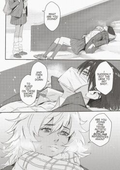 Rule 34 | 2girls, argent moon, blade runner (series), blade runner 2049, breath, collared shirt, english text, fur-trimmed jacket, fur trim, greyscale, gyaru, hood, hooded jacket, jacket, leg warmers, long hair, looking at another, lying, mask, monochrome, mouth mask, multiple girls, on back, on stairs, open clothes, open jacket, parted lips, plaid clothes, plaid scarf, pleated skirt, scarf, shirt, short hair, skirt, snow, snowing, socks, speech bubble, stairs, standing, surgical mask, sweatdrop