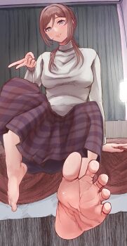 1girl barefoot blue_eyes brown_hair danon_(danon_ekakuzo) feet gakuen_idolmaster highres himesaki_rinami idolmaster long_hair long_skirt looking_at_viewer on_bed sitting skirt smile soles toes v