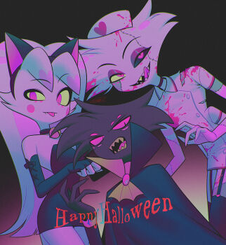 1girl 2boys :3 :d angel_dust animal_ear_hairband animal_ears arackniss ascot bare_shoulders bell black_background black_bow black_capelet black_dress black_fur black_gloves black_hairband black_sclera blood blood_on_clothes blood_on_face bow breasts brooch brother_and_sister brothers buttons capelet cat_ear_hairband cat_ears choker chromatic_aberration circle_facial_mark cleavage closed_mouth collared_dress colored_sclera colored_teeth commentary_request cowboy_shot cross-laced_clothes cross-laced_gloves crossdressing crossdressing_(mtf) double-breasted dress elbow_gloves extra_arms extra_eyes extra_legs eyeshadow fake_animal_ears fang fewer_digits film_grain fingerless_gloves furry furry_female furry_male glove_bow gloves hairband hand_up happy_halloween hat hazbin_hotel heart hellaverse highres horns jewelry licking_lips long_hair long_sleeves looking_at_viewer makeup medium_breasts menma_(enaic31) mismatched_sclera molly_(hazbin_hotel) multiple_boys neck_bell nurse_cap open_mouth pencil_dress pink_blood pink_eyeshadow pink_fur pink_sclera red_choker sharp_teeth short_dress short_sleeves siblings signature simple_background smile standing stitched_arm stitched_face stitches strapless strapless_dress teeth tongue tongue_out torn_clothes torn_dress twins two-tone_fur uneven_eyes upper_body very_long_hair white_dress white_fur white_hat yellow_ascot yellow_sclera yellow_teeth