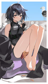 1girl absurdres ahoge animal_ears arknights bare_shoulders barefoot bird black_gloves black_hair blush breasts cool_est covered_collarbone feet fingerless_gloves food french_fries full_body gloves grey_eyes hair_intakes hair_ornament hairclip highres holding holding_food knees_up la_pluma_(arknights) medium_breasts parted_lips seagull short_hair sitting solo strap toes