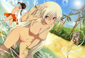 3girls absurdres alleyne_(queen&#039;s_blade) arm_up barefoot beach blue_eyes blush bracelet braid breasts brown_eyes brown_hair cleft_of_venus cloud coconut collarbone drill_hair dutch_angle dwarf elf flat_chest gloves groin hand_on_thigh highres jewelry leaf legs long_hair looking_at_viewer megami_magazine miyazawa_tsutomu multiple_girls navel nipples nowa_(queen&#039;s_blade) nude nude_filter open_mouth outdoors palm_tree pointy_ears pussy queen&#039;s_blade sarong silver_hair single_braid single_glove sky spiked_gloves spikes sun third-party_edit topless_female tree uncensored very_long_hair wading water wet ymir_(queen&#039;s_blade)
