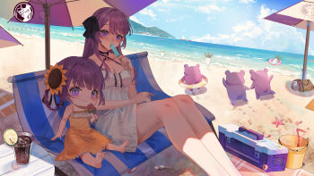 Rule 34 | 2girls, abroccoli, absurdres, beach, beach umbrella, black choker, blue sky, blush, breasts, choker, cloud, dress, flower, food, hair flower, hair ornament, halterneck, highres, holding, holding food, holding popsicle, indie virtual youtuber, long hair, looking at viewer, medium breasts, medium hair, mother and daughter, multiple girls, otsuka ray, popsicle, purple eyes, purple hair, reika (otsuka ray), sand, sand bucket, sky, starfish, umbrella, very long hair, virtual youtuber, water, watermelon bar, white dress, yellow dress