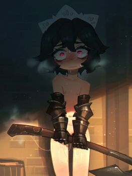 1girl after_masturbation axe bags_under_eyes battle_axe black_hair borrowed_character closed_mouth dated executioner_maid_(apprentice)_(centurii-chan) flat_chest gauntlets heavy_breathing highres holding holding_axe light_particles loli maid_headdress navel nipples nude original pink_eyes porforever pussy_juice solo sweat thigh_gap weapon webp-to-png_conversion