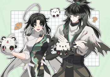 1boy 1girl ? absurdres ahoge arm_armor asymmetrical_gloves black_gloves black_hair black_shirt black_shorts breasts colored_inner_hair commentary_request crossed_arms earrings elbow_gloves gloves green_eyes hair_between_eyes highres holding huge_ahoge jewelry jianxin_(wuthering_waves) long_hair looking_at_another medium_breasts mismatched_gloves multicolored_hair open_mouth parted_bangs qiuyuan_(wuthering_waves) shirt shorts single_elbow_glove smile toi_pngr two-tone_shirt white_gloves white_hair white_shirt wuthering_waves yin_yang yin_yang_earrings