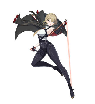 1girl arm_strap arm_up black_coat black_gloves black_pants blonde_hair blue_eyes breasts chest_harness coat coat_on_shoulders commentary_request earrings elbow_gloves evelyn_chevalier full_body gloves half_gloves harness high-waist_pants highres holding holding_knife jewelry kinokare knife large_breasts latex_pants leg_up long_ribbon looking_to_the_side mole mole_under_eye necktie open_mouth pants shirt simple_background single_elbow_glove single_half_glove sleeveless sleeveless_shirt solo string tight_clothes tight_pants white_background white_shirt yellow_necktie zenless_zone_zero