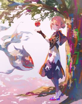 1girl anniversary apple blue_eyes blush boots coat commentary_request fish food fruit full_body hair_bun highres kaf_(kamitsubaki_studio) kamitsubaki_studio laplace_(kamitsubaki_studio) looking_at_viewer nazuna_(nazuna_su) pink_hair smile tree