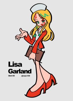 1girl armband blonde_hair blood blood_on_face breasts character_name clipboard dress full_body green_armband green_eyes grey_background haejeo1008 half-closed_eye hat high_heels highres holding holding_clipboard jacket lisa_garland long_hair medium_breasts nurse_cap open_mouth parted_bangs pumps red_jacket red_shoes shoes silent_hill_(series) silent_hill_1 smile solo twitter_username white_dress