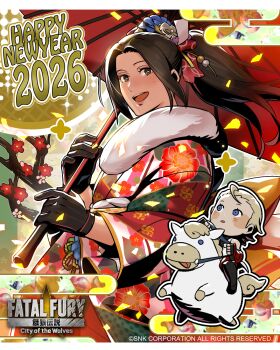 1girl andy_bogard breasts brown_eyes brown_hair commentary_request fatal_fury fatal_fury:_city_of_the_wolves floral_print flower hair_flower hair_ornament high_ponytail highres holding holding_umbrella japanese_clothes kimono large_breasts long_hair looking_at_viewer obi official_art oil-paper_umbrella ponytail print_kimono red_umbrella sash shiranui_mai smile snk umbrella wide_sleeves
