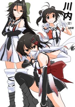 Rule 34 | 3girls, ahoge, antenna hair, black gloves, black hair, black neckerchief, black skirt, black thighhighs, breasts, double bun, elbow gloves, fingerless gloves, forehead protector, gloves, green headband, grey eyes, hachimaki, hair bun, hair intakes, headband, highres, jintsuu (kancolle), jintsuu kai ni (kancolle), kantai collection, long hair, medium breasts, miniskirt, multiple girls, naka (kancolle), naka kai ni (kancolle), neckerchief, pleated skirt, scarf, school uniform, sendai (kancolle), sendai kai ni (kancolle), serafuku, short hair, single thighhigh, skirt, small breasts, smile, thighhighs, tsukino murakumo, two side up, white gloves, white scarf, white skirt, white thighhighs