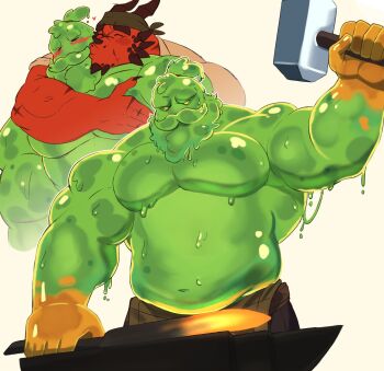 &gt;_&lt; 2boys anvil bara beard belly black_headband blacksmith blush colored_skin couple cowboy_shot dragon_boy facial_hair forge full_beard furry furry_with_non-furry glowing_hot green_skin hammer hand_on_another&#039;s_chest headband highres holding holding_hammer hug hug_from_behind huge_eyebrows interspecies kiss kissing_cheek large_pectorals male_focus mature_male monster_boy multiple_boys muscular muscular_male mustache navel original pectorals plump red_skin shy slime_boy smithing standing stomach strongman_waist thick_beard thick_mustache wet_ghost yaoi