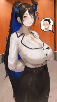 1boy 1girl absurdres arms_behind_back artist_name asymmetrical_horns belt black_belt black_hair black_horns black_pantyhose black_skirt blue_hair blush breasts cleavage collared_shirt colored_inner_hair commentary demon_horns earrings english_commentary flower high_ponytail highres hololive hololive_english horn_flower horns huge_breasts jewelry long_hair long_skirt looking_to_the_side low_neckline mole mole_under_eye multicolored_hair necklace nerissa_ravencroft nerissa_ravencroft_(casual) office_lady official_alternate_hair_length official_alternate_hairstyle pantyhose parted_bangs pencil_skirt pink_eyes ponytail semasemaphor shirt shirt_tucked_in short_hair skirt smile split-color_hair standing two-tone_hair uneven_horns very_long_hair virtual_youtuber white_shirt