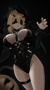 1girl absurdres andoris_(girls'_frontline_2) andoris_(midnight_whisper)_(girls'_frontline_2) between_breasts black_background black_choker black_leotard black_nails black_veil blindfold blindfold_mask blonde_hair breasts breasts_apart bridal_gauntlets chain choker colored_blindfold commentary cozie178 demon_horns eye_mask facing_viewer feet_out_of_frame girls'_frontline girls'_frontline_2:_exilium hair_ornament hairclip halloween_bucket halloween_costume harness highres horns legs leotard long_hair long_sleeves mask medium_breasts mole mole_under_mouth nail_polish official_alternate_costume open_mouth paw_pose sidelocks simple_background solo standing strap_between_breasts thigh_strap thighs veil