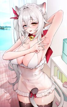 1girl absurdres animal_ears arm_behind_head arm_up armpits bare_arms bare_shoulders bell black_thighhighs blue_eyes bow breasts bright_pupils cat_ears cat_girl cat_tail chano39 choker cleavage commission covered_navel cowboy_shot dress fang frills hair_between_eyes headdress heterochromia highres jingle_bell large_breasts long_hair looking_at_viewer mole mole_under_mouth no_bra no_panties open_mouth original presenting_armpit red_choker see-through_clothes see-through_dress short_dress side_ponytail sleeveless sleeveless_dress smile solo spaghetti_strap spread_armpit standing tail tail_bow tail_censor tail_ornament thighhighs thighs v very_long_hair white_dress white_hair yellow_eyes