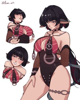 1girl animal_ears bare_shoulders black_hair blue_eyes blush breasts chocker detached_sleeves ear_piercing fishnets forked_tongue hand_on_own_hip jane_doe_(nocturne_of_light)_(zenless_zone_zero) jane_doe_(zenless_zone_zero) lao_arts large_breasts lips o-ring official_alternate_costume open_mouth piercing see-through_clothes smile suspenders teasing teeth tongue tongue_out tongue_piercing underboob white_background zenless_zone_zero