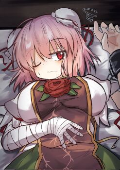 ;/ bandaged_arm bandages black_tabard breasts bun_cover closed_mouth commentary cuffs flower hand_on_own_stomach highres ibaraki_kasen large_breasts lying on_back on_bed one_eye_closed pink_eyes pink_hair red_flower red_rose rose safupara_(crnsrd65) shackles shirt short_hair short_sleeves squiggle tabard touhou wavy_mouth white_shirt