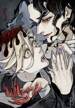 2boys blonde_hair blood blood_on_hands commentary_request david_panty demon_boy douma_(kimetsu_no_yaiba) fangs fingernails hair_between_eyes highres kibutsuji_muzan kimetsu_no_yaiba long_hair long_sleeves male_focus multiple_boys patterned_hair red_eyes red_shirt sharp_fingernails shirt tight_clothes tight_shirt wavy_hair