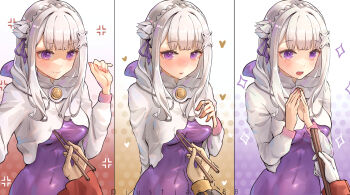 1girl 3boys :o absurdres anger_vein arm_behind_back blush bodysuit braid breasts bright_pupils capelet chopsticks closed_mouth commentary crown_braid elf emilia_(re:zero) english_commentary fingernails flower flustered gloves gradient_background grey_hair hair_flower hair_ornament hair_ribbon hand_on_own_chest hands_up heart highres holding holding_chopsticks hood hooded_capelet julius_juukulius justjast long_fingernails long_sidelocks long_sleeves medium_breasts multiple_boys natsuki_subaru open_mouth pointy_ears pov pov_hands purple_bodysuit purple_eyes purple_ribbon re:zero_kara_hajimeru_isekai_seikatsu reid_astrea ribbon sidelocks skin_tight steepled_fingers trembling twitter_username upper_body wavy_mouth white_capelet white_flower white_gloves white_pupils x_hair_ornament