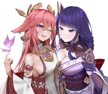 2girls animal_ear_piercing animal_ears armor back_bow bare_shoulders blunt_bangs blush bow braid breasts bridal_gauntlets chinese_commentary closed_mouth commentary_request couple crystalfly_(genshin_impact) detached_sleeves earrings fangs fox_ears fox_girl genshin_impact gigantic_breasts hair_between_eyes hair_ornament head_tilt headpiece hug_from_side japanese_clothes jewelry kimono long_braid long_lin_yuan long_sleeves looking_at_another looking_to_the_side mole mole_under_eye multiple_girls neck_ribbon one_eye_closed open_mouth pendant pink_hair purple_eyes purple_hair purple_kimono raiden_shogun red_ribbon red_sash ribbon sash shoulder_armor sideboob simple_background single_braid white_background wide_sleeves yae_miko yuri