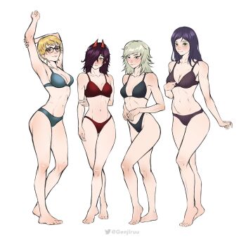 4girls armpits ass bare_legs bare_shoulders barefoot bra breasts chainsaw_man character_request collarbone feet full_body genjiruu highleg highleg_panties highres long_hair looking_at_viewer medium_breasts multiple_girls narrow_waist navel panties short_hair simple_background standing thick_thighs thighs twitter_username underwear white_background
