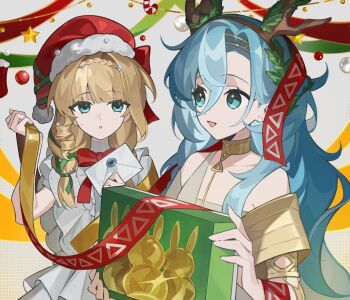 Rule 34 | 37 (reverse:1999), :d, :o, ancient greek clothes, antlers, armlet, bare shoulders, blonde hair, blue eyes, blue hair, box, dress, envelope, fake antlers, gold choker, greco-roman clothes, hair between eyes, hands up, hat, highres, holding, holding box, holding ribbon, horns, jewelry, kiperina, long hair, looking at another, open mouth, quanx70909457, red hat, reindeer antlers, reverse:1999, ribbon, santa hat, smile, sparkling eyes, star (symbol), unilog (reverse:1999), upper body, white background, white dress