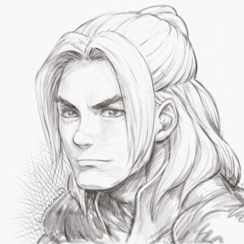 Rule 34 | 1boy, commentary request, crosshatching, greyscale, hatching (texture), ken masters, kuroneco, long hair, monochrome, signature, simple background, solo, street fighter