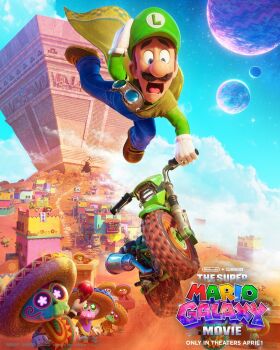 Rule 34 | blue eyes, blue overalls, brown hair, commentary, company name, copyright name, desert, english commentary, facial hair, full body, gloves, green hat, green shirt, hat, highres, luigi, mario (series), motor vehicle, motorcycle, movie poster (medium), mustache, nintendo, official art, open mouth, outdoors, overalls, sand, shirt, short hair, skeleton, the super mario galaxy movie, tostarenan, white gloves
