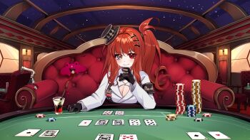 1girl black_gloves breasts cane card cleavage closed_mouth couch daiya_fortuna drink erawanlh gloves green_eyes hat heterochromia highres indoors large_breasts long_sleeves looking_at_viewer mini_hat night pixellink playing_card poker_chip poker_table red_eyes red_hair shirt side_ponytail sky smile solo star_(sky) starry_sky suspenders table top_hat upper_body virtual_youtuber white_shirt window