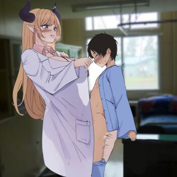 1boy 1girl age_difference ambulocetus blonde_hair blurry blurry_background blush breasts cleavage clothed_sex clothes_cover demon_horns from_side green_eyes hetero highres hololive horns implied_sex indoors lab_coat large_breasts long_hair long_sleeves obstructed_view onee-shota pajamas photo_background pointy_ears sex shota silhouette size_difference smile standing standing_missionary standing_sex stealth_sex virtual_youtuber yuzuki_choco yuzuki_choco_(1st_costume)