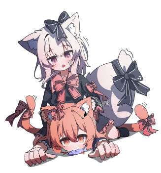 2girls absurdres animal_ear_fluff animal_ears bandaid bandaid_on_face bell black_bow black_shoes blush bow bowtie brown_eyes brown_hair cat_ears cat_girl cat_tail dress eyebrows_hidden_by_hair fang frilled_dress frills full_body hair_between_eyes hair_bow highres long_hair long_sleeves looking_at_another looking_at_viewer moepu. multiple_girls open_mouth original purple_eyes ribbon shoes short_hair tail tail_bow tail_ornament white_background