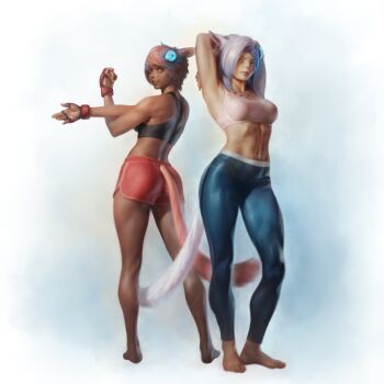 Rule 34 | 2girls, absurdres, animal ears, arms behind head, arms up, ass, bare legs, black sports bra, cat ears, cat tail, dolphin shorts, eutrope (ff14), final fantasy, final fantasy xiv, formtheheadcom, highres, miqo'te, multicolored hair, multiple girls, padded gloves, pants, pink hair, pink sports bra, red shorts, short shorts, shorts, siblings, sisters, sports bra, stretching, tail, toned, toned female, yaana (ff14), yoga pants
