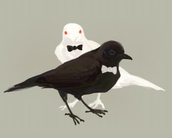albino animal bird black_bow black_bowtie bow bowtie commentary_request crow full_body green_background nagabe no_humans original simple_background standing white_bow white_bowtie
