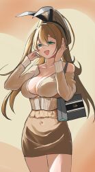 Rule 34 | 1girl, :d, bag, blonde hair, blush, breasts, cleavage, collarbone, dress, emptiart, fang, goddess of victory: nikke, green eyes, hair between eyes, large breasts, long hair, open mouth, ponytail, rupee (nikke), shopping bag, smile, solo, yellow dress