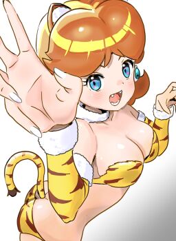 Rule 34 | 1girl, animal ears, animal print, ass, bikini, blue eyes, blush, breasts, brown hair, butt crack, claw pose, cleavage, collarbone, detached sleeves, detesu, dimples of venus, earrings, fake animal ears, fake tail, fangs, flower earrings, fur-trimmed sleeves, fur collar, fur trim, jewelry, long sleeves, looking at viewer, mario (series), medium breasts, nintendo, open mouth, orange bikini, princess daisy, print bikini, short hair, smile, standing, swimsuit, tail, teeth, tiger ears, tiger girl, tiger print, tiger print bikini, tiger tail, white background