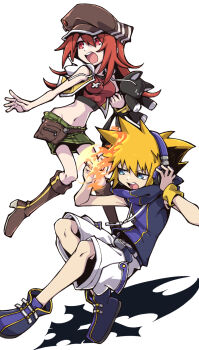 1boy 1girl blue_eyes breasts newsboy_cap fire green_skirt hat headphones highres jacket misaki_shiki mp3_player nyantan orange_hair pyrokinesis red_hair sakuraba_neku skirt stuffed_animal stuffed_cat stuffed_toy subarashiki_kono_sekai yellow_jacket